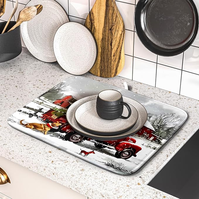 Christmas Red Truck Dish Drying Mat for Kitchen Counter 16x18 Inch Xmas Tree Snowman Dog Winter Print Absorbent Reversible Microfiber Drying Mats Kitchen Countertop Protector Dishes Drainer Rack Pad - Image 5