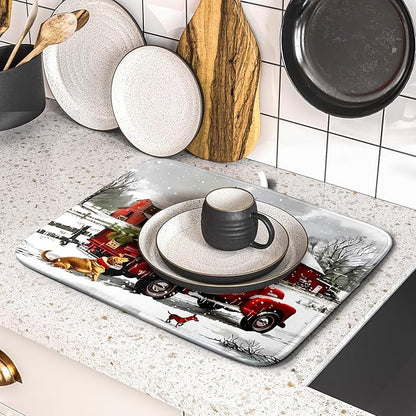 Christmas Red Truck Dish Drying Mat for Kitchen Counter 16x18 Inch Xmas Tree Snowman Dog Winter Print Absorbent Reversible Microfiber Drying Mats Kitchen Countertop Protector Dishes Drainer Rack Pad - Image 5