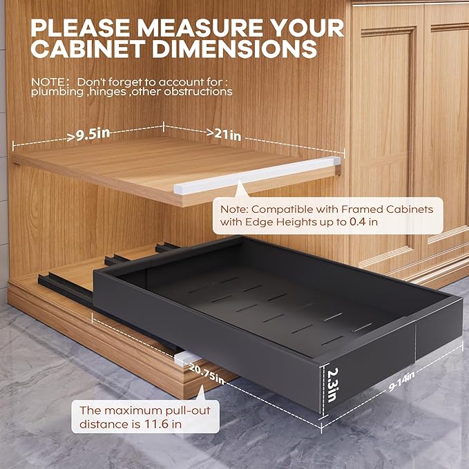 Seinloes 2 Pack Expandable (9"-14") Pull Out Cabinet Organizer 21" Deep With Raising Pad for Framed Cabinets,Upgrade 3 Slide Rails Slide Out Drawers,No Drill Roll Out Shelves Adhesive,Black - Image 3