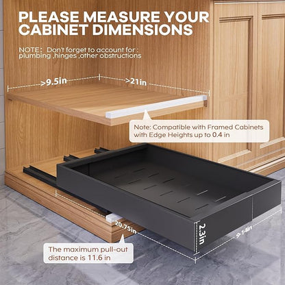 Seinloes 2 Pack Expandable (9"-14") Pull Out Cabinet Organizer 21" Deep With Raising Pad for Framed Cabinets,Upgrade 3 Slide Rails Slide Out Drawers,No Drill Roll Out Shelves Adhesive,Black - Image 3