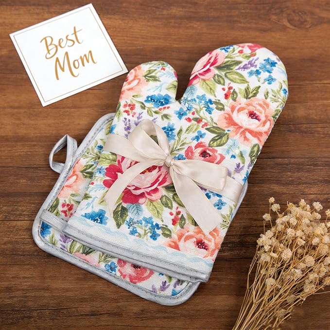 Floral Oven Mitts and Pot Holders Sets 2 Pcs, Canvas Heat Resistant Kitchen Mittens with Hot Pads, Vintage Farmhouse Country Decor, Non-Slip Cooking Baking Grilling Gifts for Women Mom (Flower5)