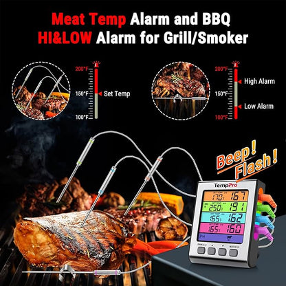 TempPro TP17H Digital Meat Thermometer with 4 Temperature Probes, HI/Low Alarm Smoker Food Thermometer with Colored Backlit LCD, BBQ Thermometer for Cooking Grill Kitchen Oven (Previously ThermoPro) - Image 5