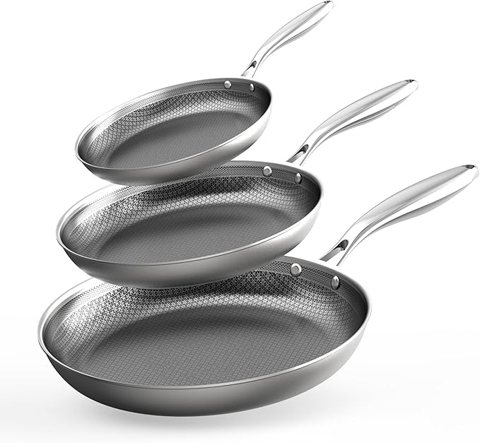 COOKER KING Stainless Steel Pans Set of 3 (8+10+12 Inch), Nonstick Frying Pans, Induction Pan Set, Chef's Pan, Skillets Dishwasher & Oven Safe, Stay-Cool Handles, Compatible with All Cooktops by cookerking