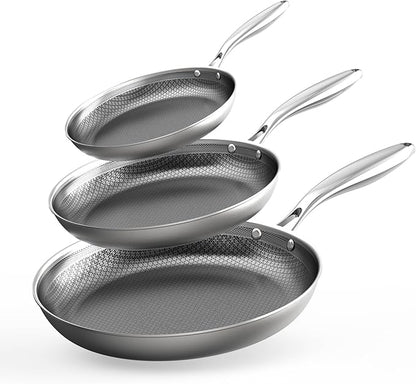 COOKER KING Stainless Steel Pans Set of 3 (8+10+12 Inch), Nonstick Frying Pans, Induction Pan Set, Chef's Pan, Skillets Dishwasher & Oven Safe, Stay-Cool Handles, Compatible with All Cooktops by cookerking