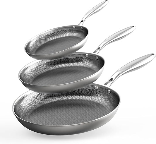 COOKER KING Stainless Steel Pans Set of 3 (8+10+12 Inch), Nonstick Frying Pans, Induction Pan Set, Chef's Pan, Skillets Dishwasher & Oven Safe, Stay-Cool Handles, Compatible with All Cooktops by cookerking