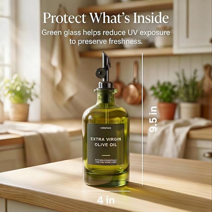 Verspace UV-Protected Green Glass Olive Oil Dispenser Bottles For Kitchen - 2 Pack - 17oz Includes 40 Kitchen Essential Labels, Avocado Oil Dispenser Set, Modern Decor for Home, Airbnb, Cafe - Image 4