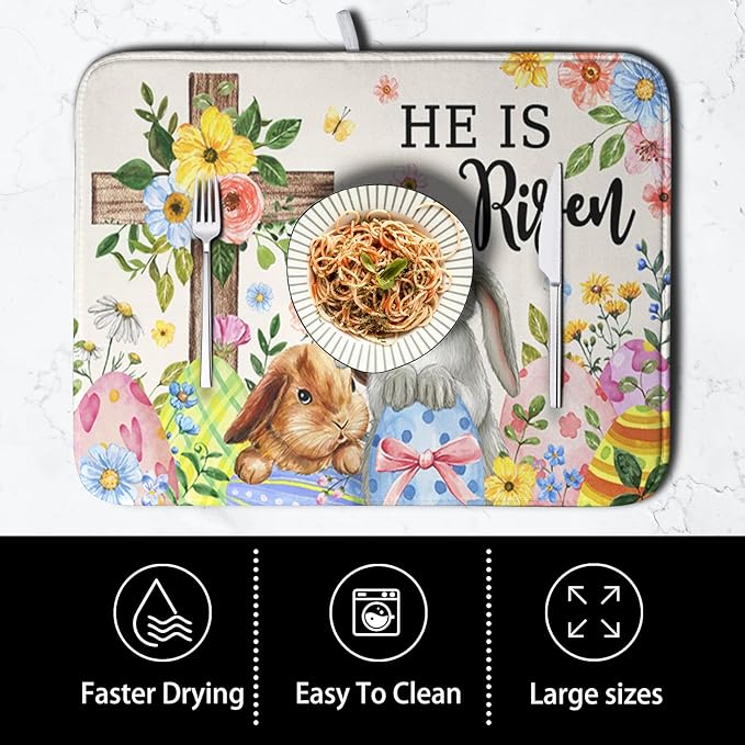 He is Risen Easter Dish Drying Mat for Kitchen Counter Bunny Floral Cross Dish Drainer Mats Spring Rabbit Flowers Egg Dish Drying Pads Absorbent Microfiber Reusable Dish Rack Mat 18x24 Inch - Image 4