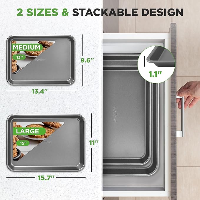 NutriChef 2-Piece Large & Medium Cookie Sheets for Baking - Non Stick Baking Sheet for Cookies, Sheet Cakes & Roasting - Dishwasher Safe - Gray - Image 3