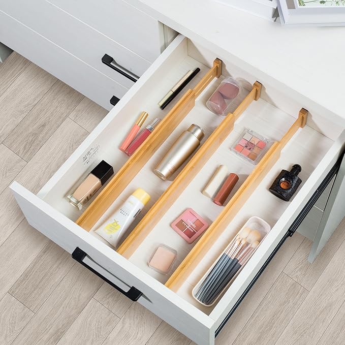 VaeFae Adjustable Bamboo Drawer Dividers, Expandable Drawer Organizer for Kitchen, Bedroom, Bathroom, Dresser and Office, 6-Pack - Image 6