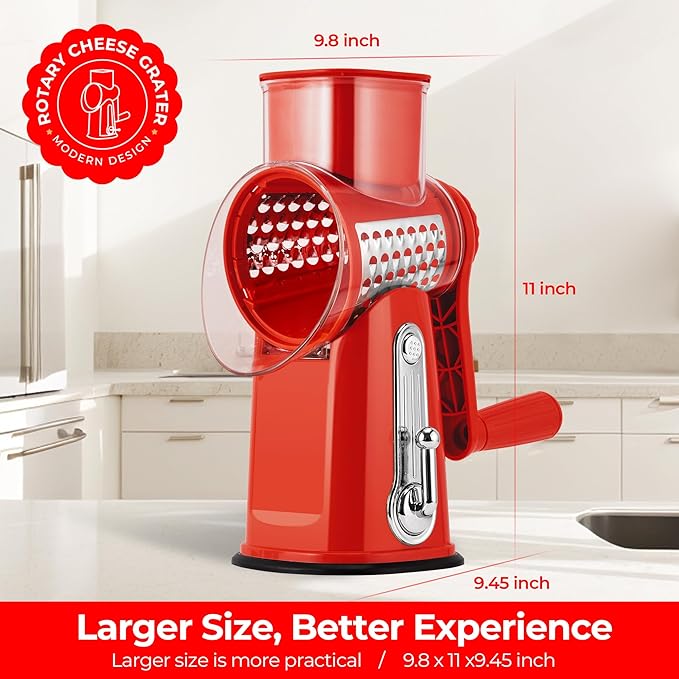 SUSTEAS Rotary Cheese Grater with Handle - Vegetable Shredder with 5 Well-designed Blades & Strong Suction Base,Round Mandoline Slicer & Food Chopper for Kitchen,with Blade Storage Box(Red) - Image 6