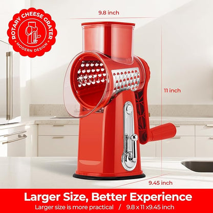 SUSTEAS Rotary Cheese Grater with Handle - Vegetable Shredder with 5 Well-designed Blades & Strong Suction Base,Round Mandoline Slicer & Food Chopper for Kitchen,with Blade Storage Box(Red) - Image 6