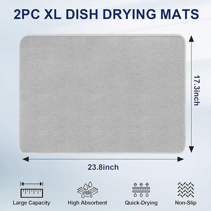 Large Dish Drying Mat 2 Pack, 23.8" x 17.3" Microfiber Ultra Absorbent Quick-Dry Dish Drying Mats for Kitchen Counter, Dish Rack Mat & Drying Pad for Countertops & Sinks, Machine Washable, Gray - Image 2