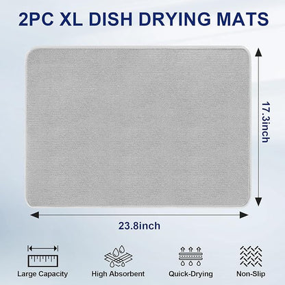 Large Dish Drying Mat 2 Pack, 23.8" x 17.3" Microfiber Ultra Absorbent Quick-Dry Dish Drying Mats for Kitchen Counter, Dish Rack Mat & Drying Pad for Countertops & Sinks, Machine Washable, Gray - Image 2