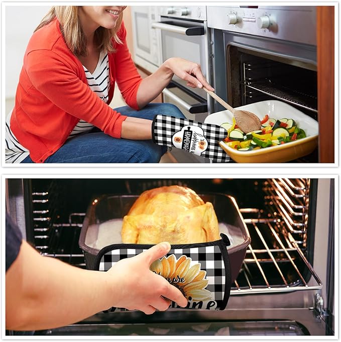 5 Pieces Buffalo Plaid Kitchen Towels Oven Mitts and Pot Holder Set Black and White Kitchen Towels Oven Gloves, Hot Pads Pot Holders for Farm House Accessories Decor(Sunflower) - Image 5