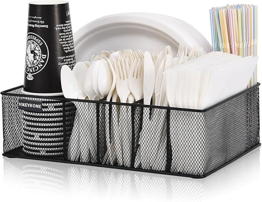 VIKEYHOME Paper Plate Organizer for Countertop, Metal Silverware Caddy with 6 Compartments for Cup, Napkin, Utensil Holder Caddy for Party, Camping, Picnic by VIKEYHOME