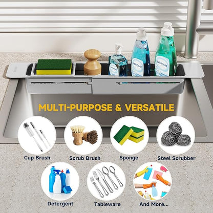 NiHome Extendable Sink Kitchen Organizer, Extra Long Telescopic Brush Storage Rack for Sponge, Non-Slip Pads Expandable Sink Caddy, Adjustable Sponge/Brush Rack with Drainage Durable ABS (Gray) - Image 7