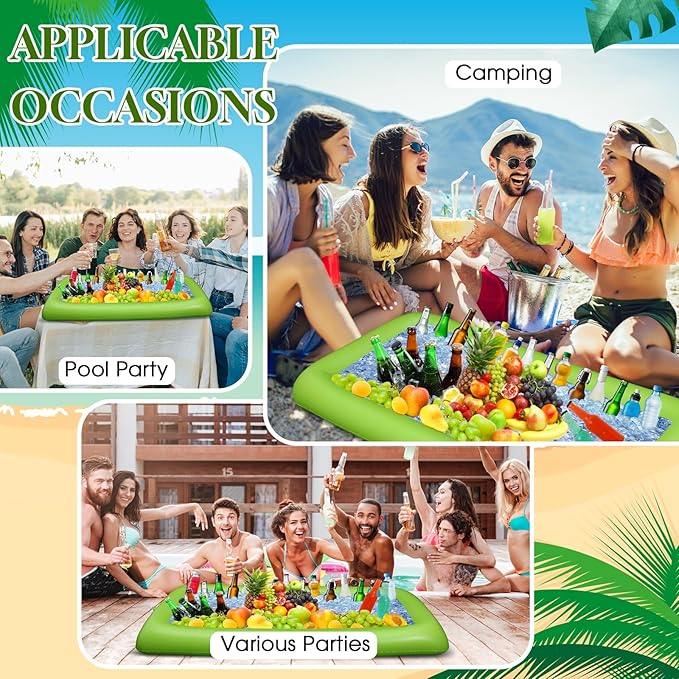 Leitee 3 Pcs Inflatable Serving Bar Kit Includes Salad Buffet Tray with Drain Plug Mesh Food Cover Food Drink Containers and Inflator for Ice Supplies Halloween Party Camping Picnic(Green)