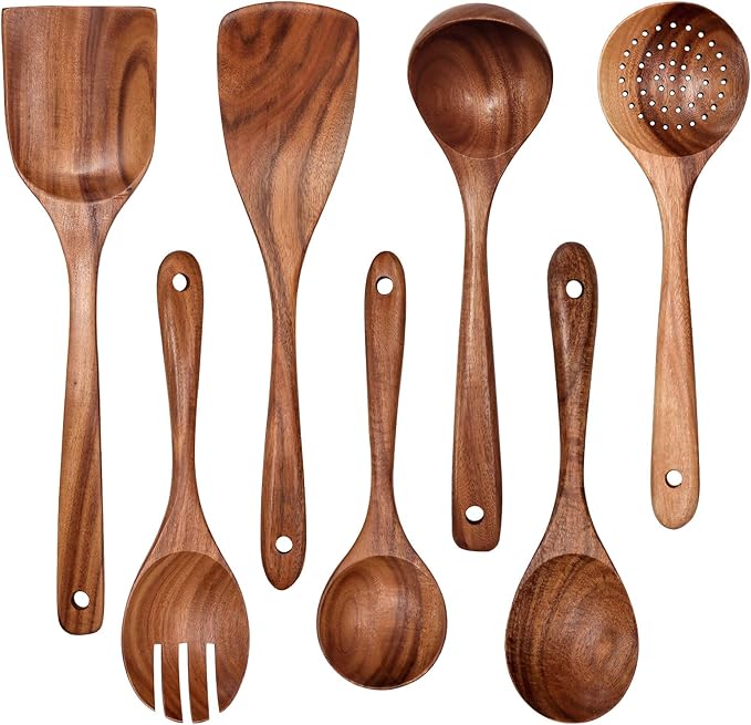 Wooden Non-Stick Kitchen Pan Toolset 7 Pieces Set, Natural Kitchen Utensils Spatula, Wooden Cooking Utensils Spoons, Fried Spatula and Salad Fork by YYLTJR