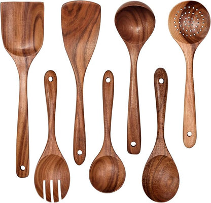 Wooden Non-Stick Kitchen Pan Toolset 7 Pieces Set, Natural Kitchen Utensils Spatula, Wooden Cooking Utensils Spoons, Fried Spatula and Salad Fork by YYLTJR