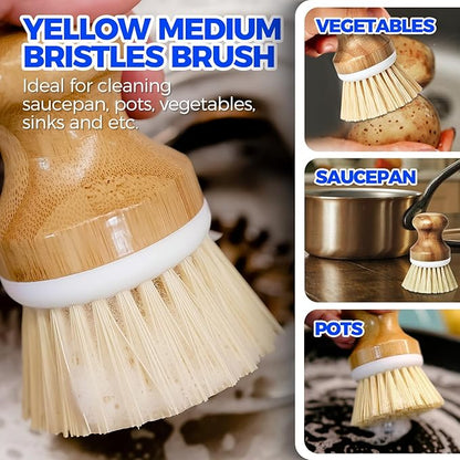 Holikme Bamboo Palm Brush Dish Brushes Vegetable Scrubber Round Natural Scrub Brush Cleaning Kit for Cleaning Saucepans, Pots, Pans and Vegetables, White Yellow Black - Image 2