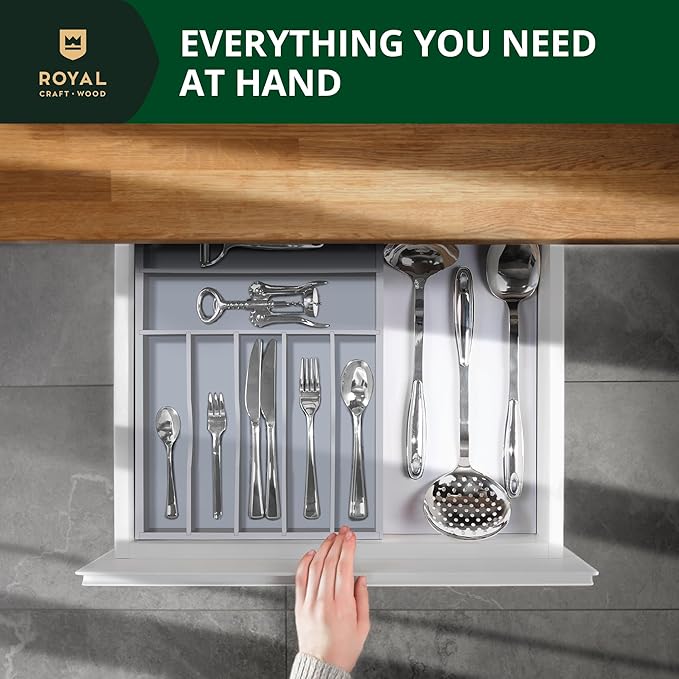ROYAL CRAFT WOOD Luxury Bamboo Kitchen Drawer Organizer - Silverware Organizer - Utensil Holder and Cutlery Tray with Grooved Drawer Dividers for Flatware and Kitchen Utensils (7 Slot, Gray) - Image 5