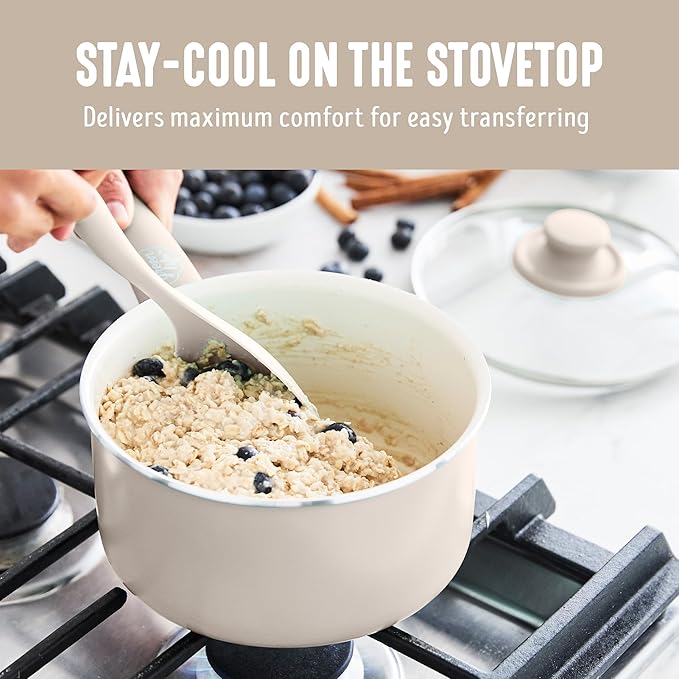 GreenLife 2.5QT Nonstick Saucepan with Glass Lid, Soft Grip, PFAS-Free Ceramic, Multipurpose Chef Pan, Milk & Sauce Cooking Pot, Dishwasher & Oven Safe to 350˚F, Stay-Cool Handle, Taupe - Image 4