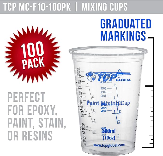 TCP Global 10 oz. (300ml) Graduated Plastic Mixing Cups - Box of 100 with 50 Mixing Sticks - Disposable Plastic Measuring Cups for Liquids, Paints, Resin, Epoxy, Art, Kitchen - Ratios 2-1, 3-1, 4-1 ML - Image 2