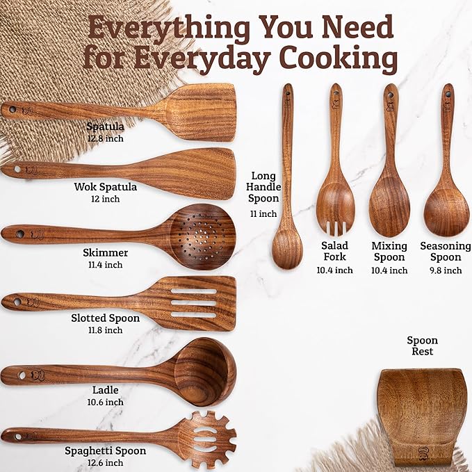 PriorityChef Wooden Spoons for Cooking, Premium 10pc Teak Wood Utensil Set with Hanging Hooks and Spoon Rest - Image 4