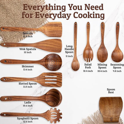 PriorityChef Wooden Spoons for Cooking, Premium 10pc Teak Wood Utensil Set with Hanging Hooks and Spoon Rest - Image 4
