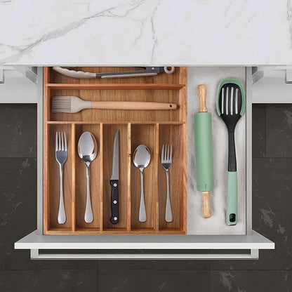 Kitchen Acacia Silverware Organizer - Extra Deep Grooved Drawer Divider, 7 Slot Utensil Organizer - Image 8