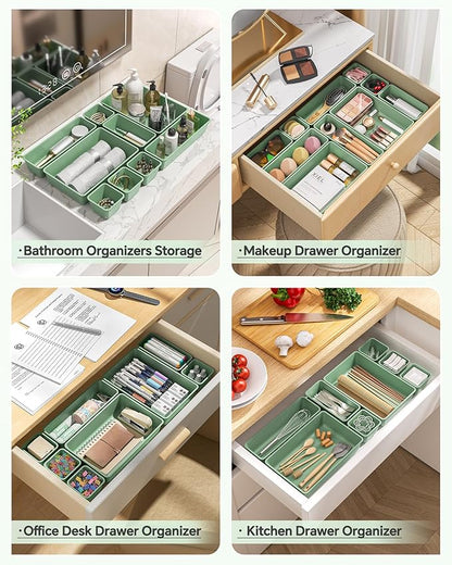 KEMETHY 25 PCS Plastic Drawer Organizers Set, 4 Sizes Vanity Organizer, Makeup and Desk Drawer Organizer Trays, Organization and Storage for Makeup, Bathroom, Kitchen Utensils and Office (Green) - Image 4