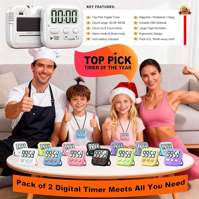 Antonki 2 Pack Digital Timer for Kids, Magnetic Countdown Kitchen Timers for Cooking, Egg, Classroom, Teacher, Exercise, Study, Oven - Battery Included - Image 8