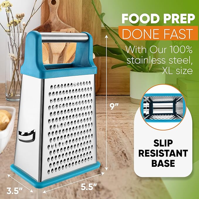 Spring Chef Handheld Stainless Steel XL Parmesan Cheese Grater with Handle - 4 Sided Metal Box Grater for Kitchen - Dishwasher Safe Potato Shredder for Hash Browns, Potato, Carrot, Vegetables - Teal - Image 4