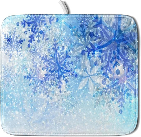 Giwawa 16"x18" Winter Blue Snowflakes Dish Drying Mat Christmas Snow Falling Nature Ice Dish Drainer Mats for Kitchen Microfiber Reversible Dish Drying Rack Pad for Countertop Tabletop Decor