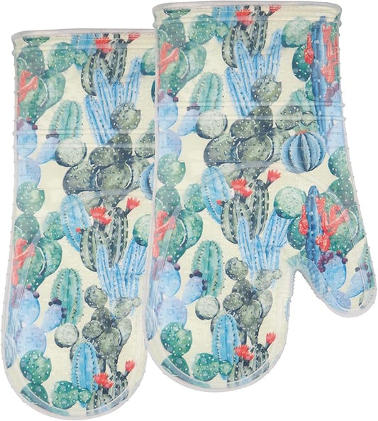 Oven Mitts Set of 2 with Transparent Clear Silicone Shell and Nice Cactus Flower Cotton Lining, Heat Resistant to 500 F Kitchen Oven Gloves Pot Holder for Cooking (Cactus Flower, Oven Mitts) by REDLMLDETA
