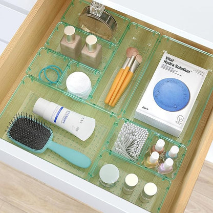 StorMiracle 7 PCS Clear Plastic Drawer Organizers Set, 4 Size Desk Drawer Organizer Trays for Makeup, Jewelry, Kitchen Utensils, Gadgets and Office Accessories, Sea Blue - Image 5