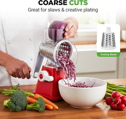 Nutrichef 3 in 1 Cheese Grater & Shredder | Strong Suction Base, Rotary Handle with Safety Lock | Includes Hand Crank & 3 Drum Blades for 3 Textures, Fine, Medium & Strips | Red - Image 5