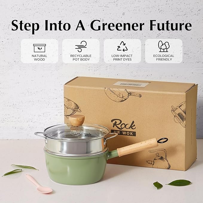 ROCKURWOK Ceramic Nonstick Sauce Pan, 3 QT Pot with Steamer, Non Toxic & PFAS-Free, Wooden Handle for Cool Touch, Universal Base(Gas, Electric & Induction), Green - Image 8