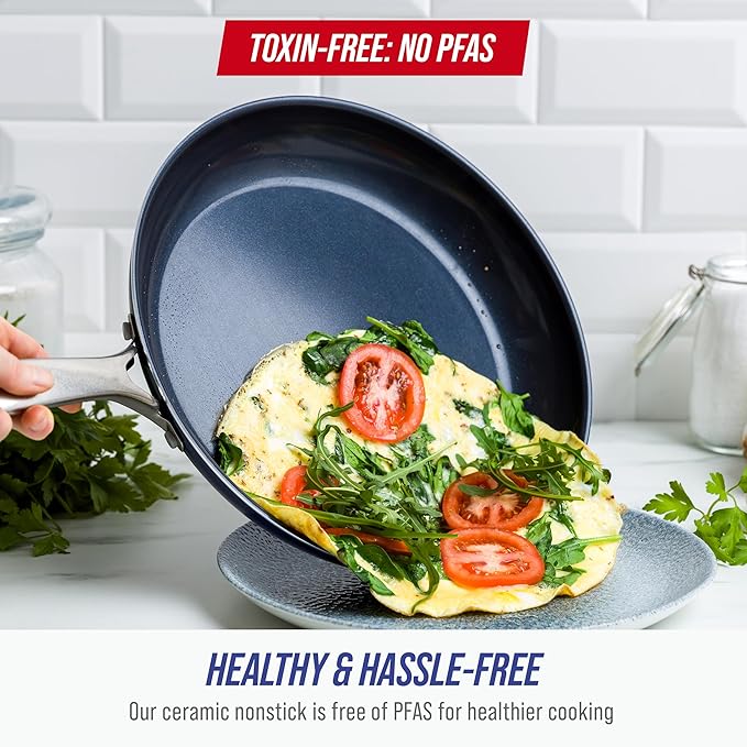 Blue Diamond 12" Nonstick Frying Pan Skillet, Diamond Infused PFAS & PTFE-Free Ceramic Pot, Dishwasher & Oven Safe, Stay Cool Handle, Durable Non Toxic Metal Utensil Safe, Egg & Omelet Pan, Blue - Image 2