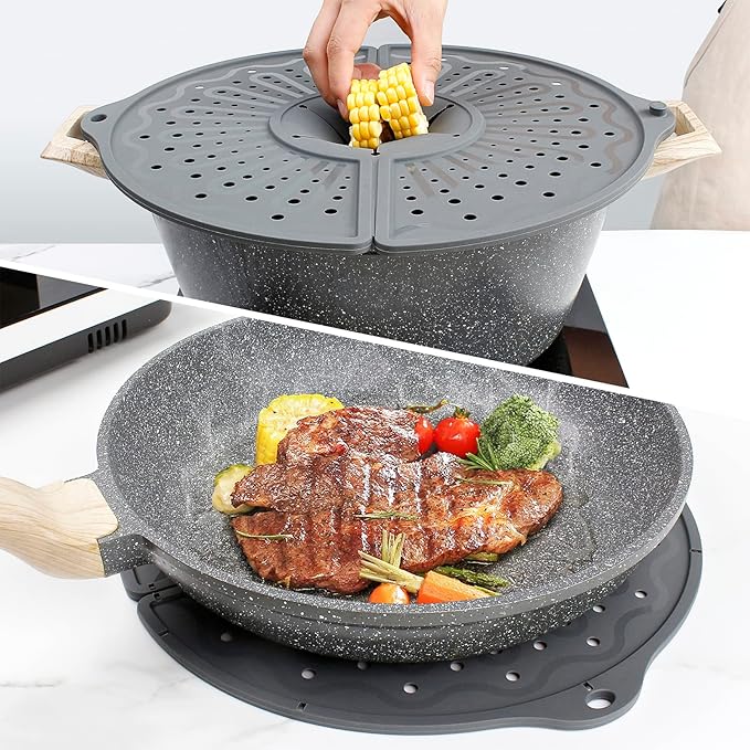 Silicone Splatter Screen For 10, 11 and 12 Inch Frying Pan, Foldable Splash Guard, Multi-Use Grease Splatter Guard/Trivet Mat, 12" Non-Stick Oil Splatter Guard, Dishwasher Safe, BPA Free, Gray - Image 7
