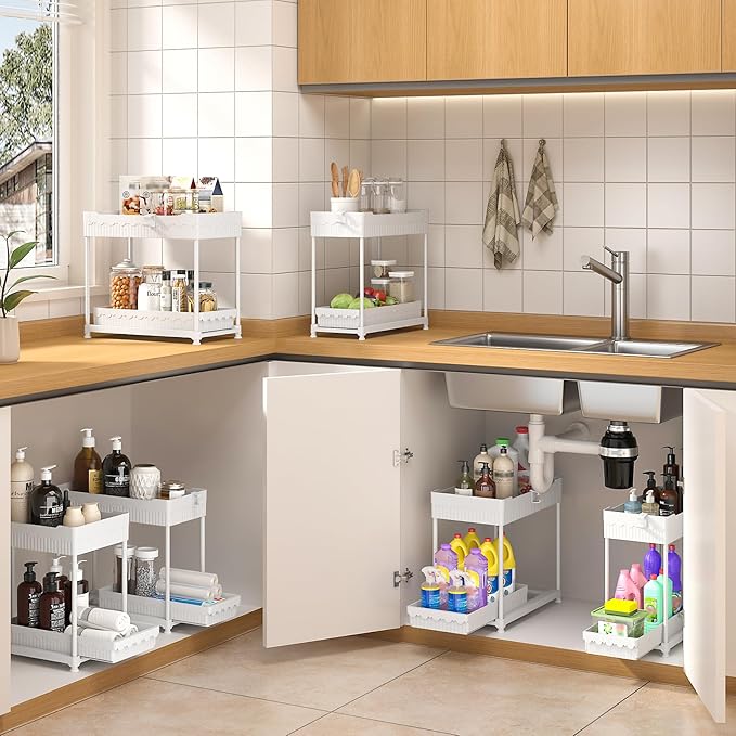Sevenblue 3 Pack Under Sink Organizers, 2-Tier Multi-Use Kitchen and Bathroom Organizers and Storage with Sliding Drawers, Bathroom Cabinet Organizer (White, 14.8 Inch) - Image 3