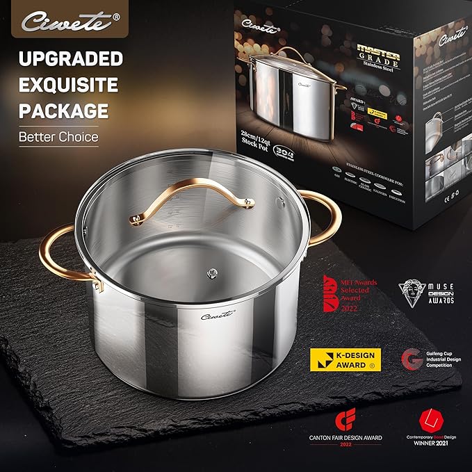 Ciwete Stock Pot 12 Quart, 18/10 Tri-Ply Stainless Steel Whole Clad Stock Pot with Lid, Seamless 12 QT Cooking Pot with Copper Handle, Healthy Stockpots, Induction, Gas, Oven and Dishwasher Safe - Image 3