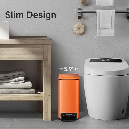TIPGO Small Bathroom Trash Can with Lid Soft Close, 6 Liter / 1.6 Gallon Stainless Steel Garbage Can with Removable Inner Bucket, Step Pedal, Slim Trash Cans for Bedroom, Office, Kitchen (Orange) - Image 2