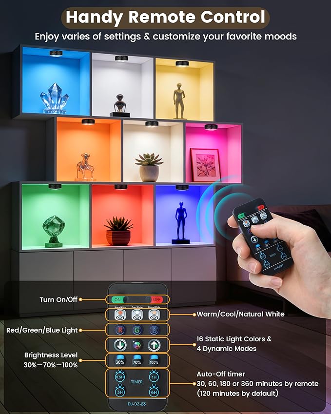 Puck Lights, Battery Operated Wireless LED Under Cabinet Lighting with Remote Control & Timer, Warm White & RGB Color Changing Stick on Tap Push Light for Kitchen Counter, Shelf, 1 Pack, Black
