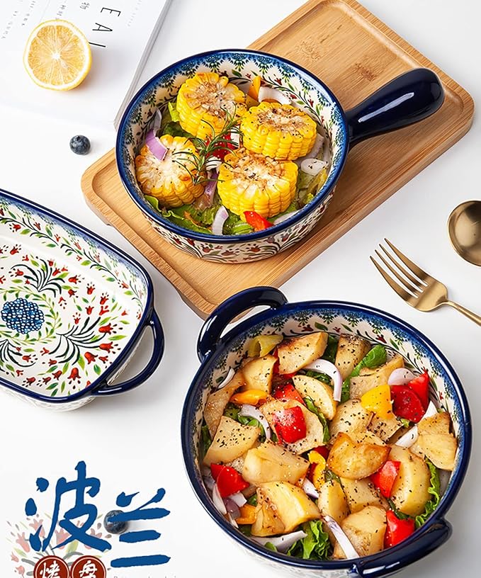 Vintage Style Tulip Flower Pattern Ceramic Bakeware Casserole Dish Baking Pan Lasagna Pans Baking Dish with Handles for Oven/Cooking/Kitchen-1 PCS-32 OZ - Image 5