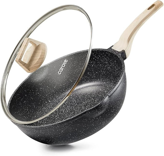 CAROTE 12 Inch Nonstick Deep Frying Pan with Lid, 5.5 Qt Jumbo Cooker Saute Pan with Pour Spout, Skillet Induction Cookware, Non Stick Cooking Pan PFOA Free, Classic Granite by CAROTE