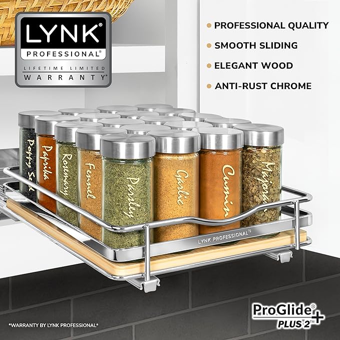 LYNK PROFESSIONAL® Élite™ Pull Out Spice Organization for Cabinets - 8-3/8 inch Wide – Spice Rack for Inside Cabinets – Wood/Chrome - Sliding Spice Rack Organizer for cabinet – Spice Rack - 1 Tier - Image 2