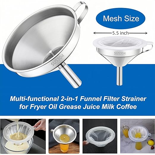 Kitchen Funnel with Strainer and 200 Fine Mesh Filter, 5 Inch Food Grade 18/8 Stainless Steel Fryer Oil Filter Funnel, Funnels for Kitchen use Filling Bottles, Cooking Oil Filter Strainer - Image 5