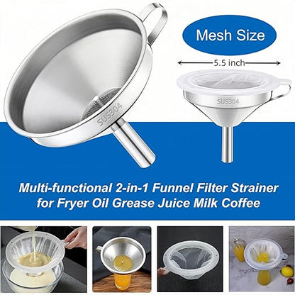 Kitchen Funnel with Strainer and 200 Fine Mesh Filter, 5 Inch Food Grade 18/8 Stainless Steel Fryer Oil Filter Funnel, Funnels for Kitchen use Filling Bottles, Cooking Oil Filter Strainer - Image 5