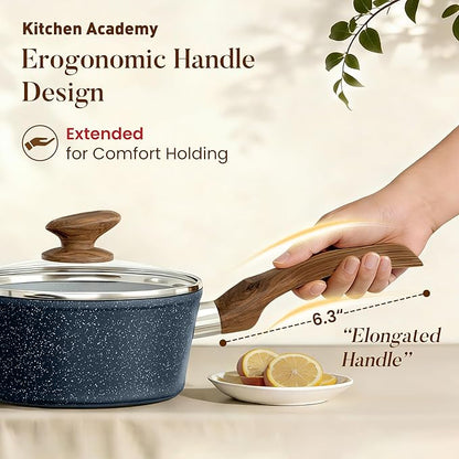 Kitchen Academy Pots and Pans Set Non Stick - 12 Piece Induction Kitchen Cookware Sets, Blue Granite Nonstick Cooking Pans Set - Image 5